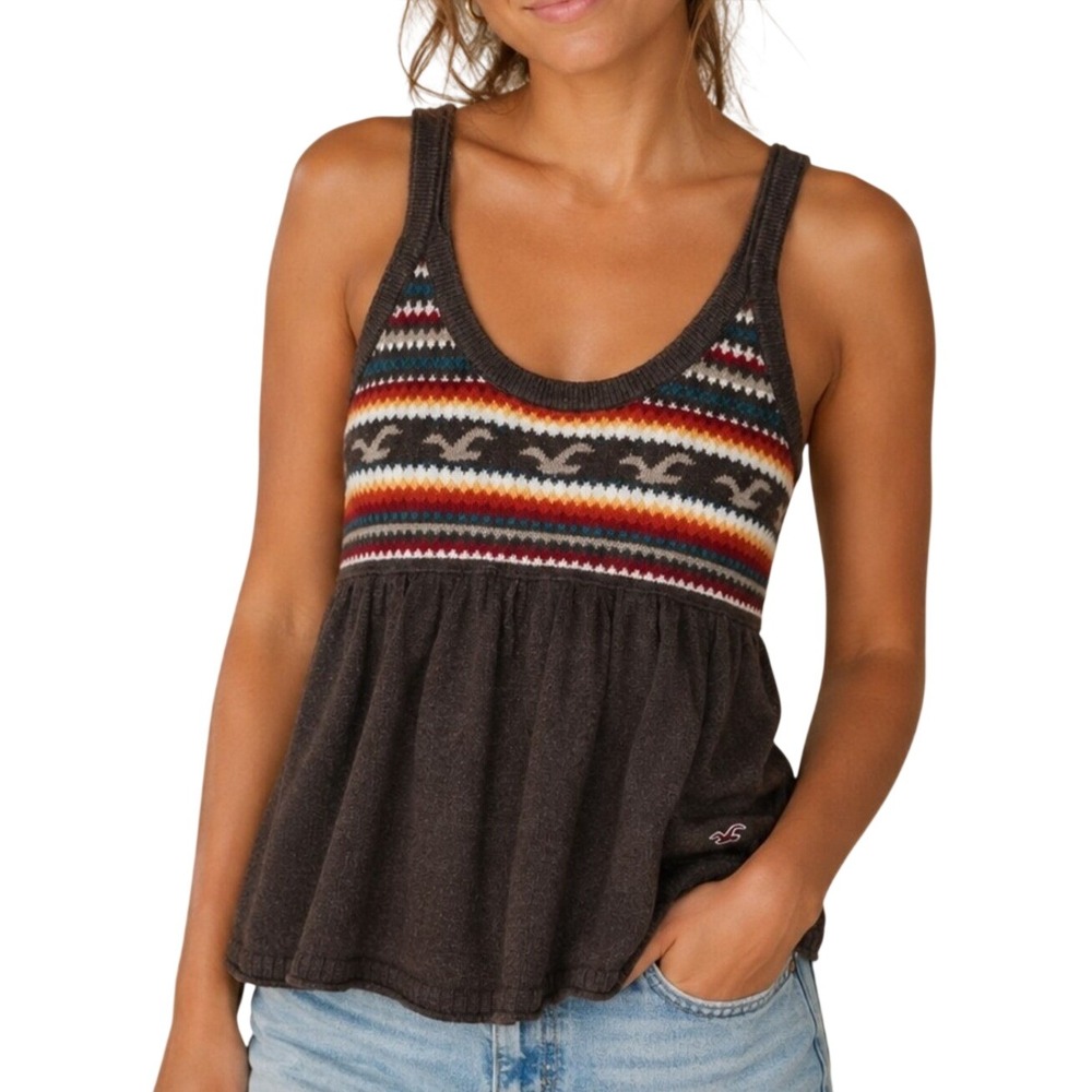 Hollister Brown Fair Isle Knit Empire Waist Babydoll Tank Top L Boho Y2K Indie